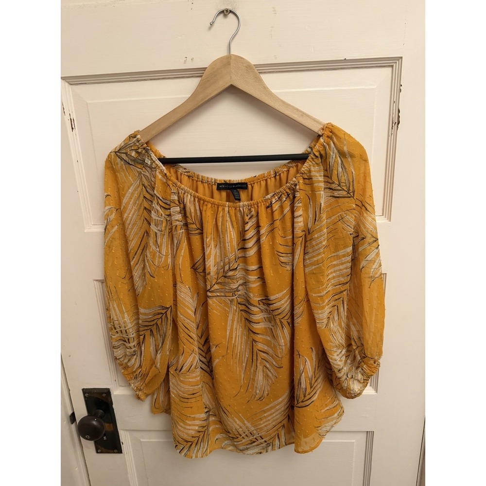 WHBM Yellow Tropical Print Shirred Chiffon Puff Sleeve Blouse Size Medium